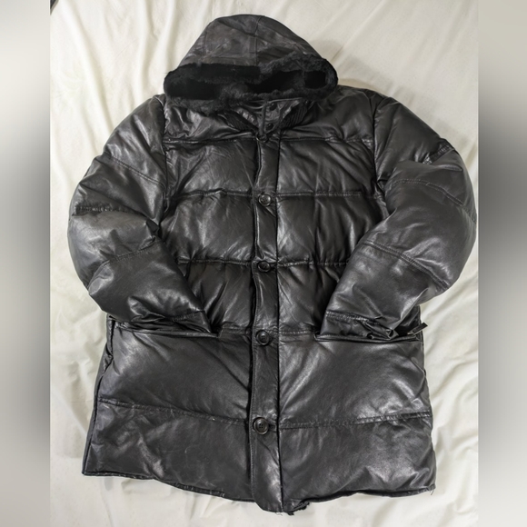 Vintage 90 Armani Collezioni Men's Leather Down Puffer Coat - Picture 1 of 16